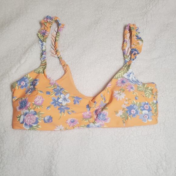 Aerie Orange Floral Bikini Scoop Top Women's Extra Large Ruffle Flutter NWT - Picture 4 of 13